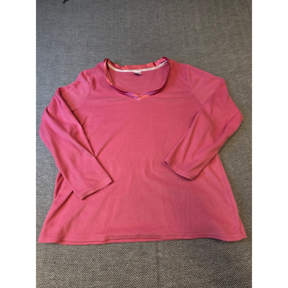 Liz Claiborne Fleece Pajama Top Women's Large Pink Satin Trim Long Sleeve V-Neck